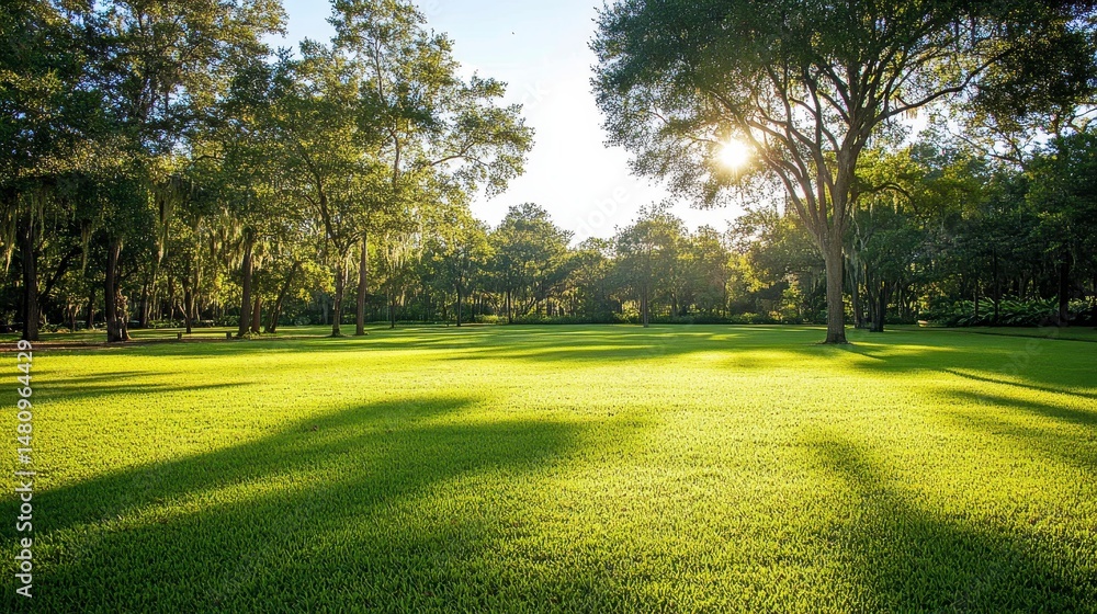 Obraz premium Sunlit green park lawn with large trees casting shadows.