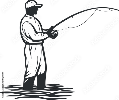 Silhouette of a fisherman standing in water casting a fishing rod for recreational angling activity.
