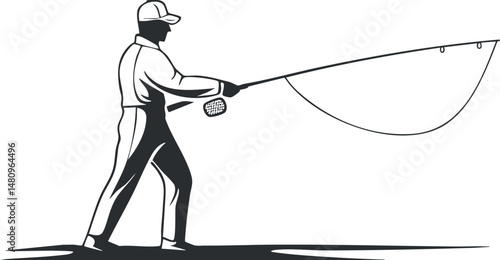 Silhouette of a man fishing with a rod and reel casting a line outdoors in black and white