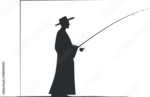 Silhouette of a fisherman wearing a hat holding a fishing rod, standing calmly outdoors.
