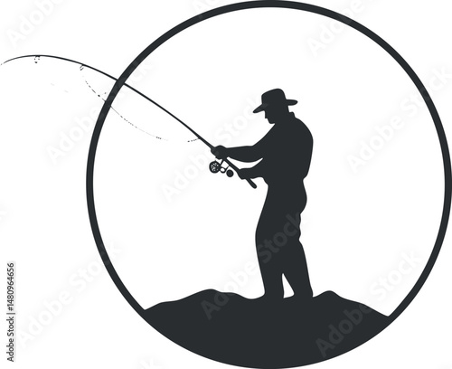 Silhouette of a fisherman wearing a hat casting a fishing rod standing on a rock outdoors