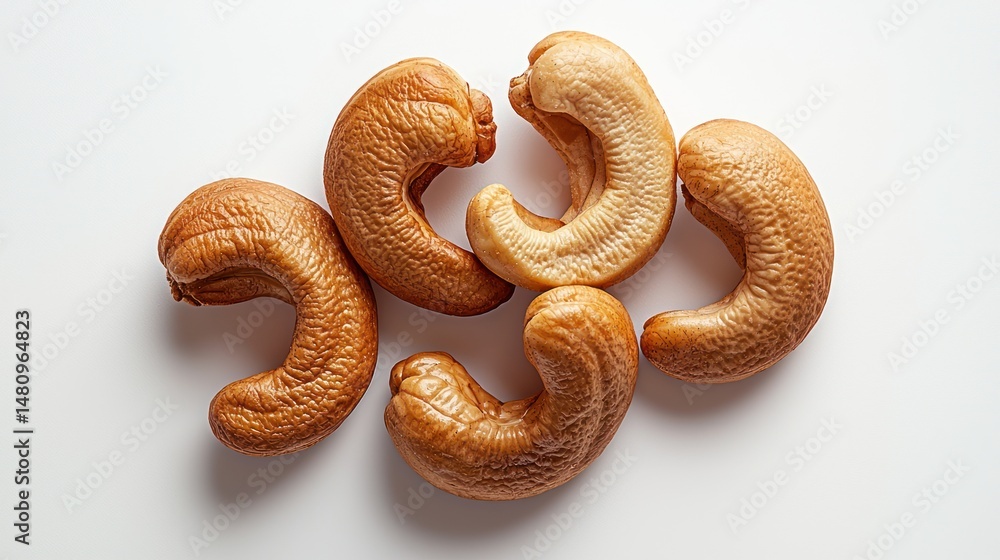 Obraz premium Roasted cashews arranged on white background.