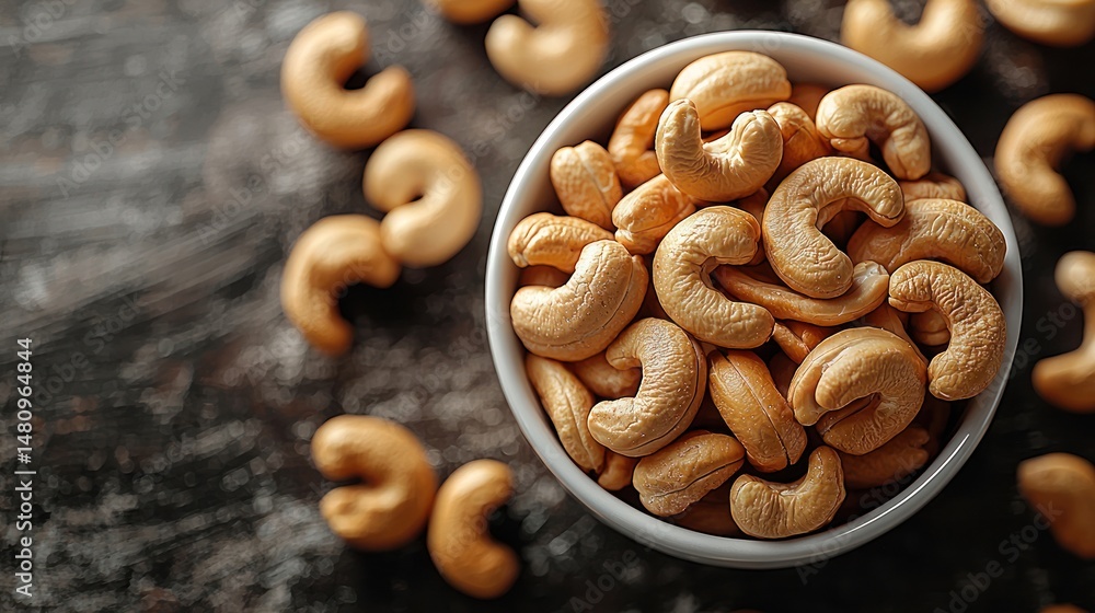 Roasted cashews in a bowl on a dark surface. Roasted cashews in a bowl on a dark surface.