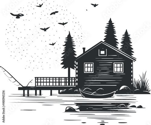 Black and white illustration of a lakeside cabin with boat dock and fishing rod surrounded by trees and birds.