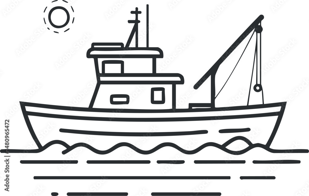 Obraz premium Black line drawing of a fishing boat on the sea with the sun overhead, representing maritime industry and nautical transport.