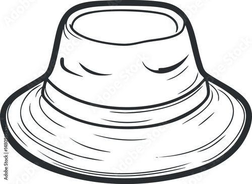 Black and white outline sketch of a bucket hat headwear for fashion and sun protection