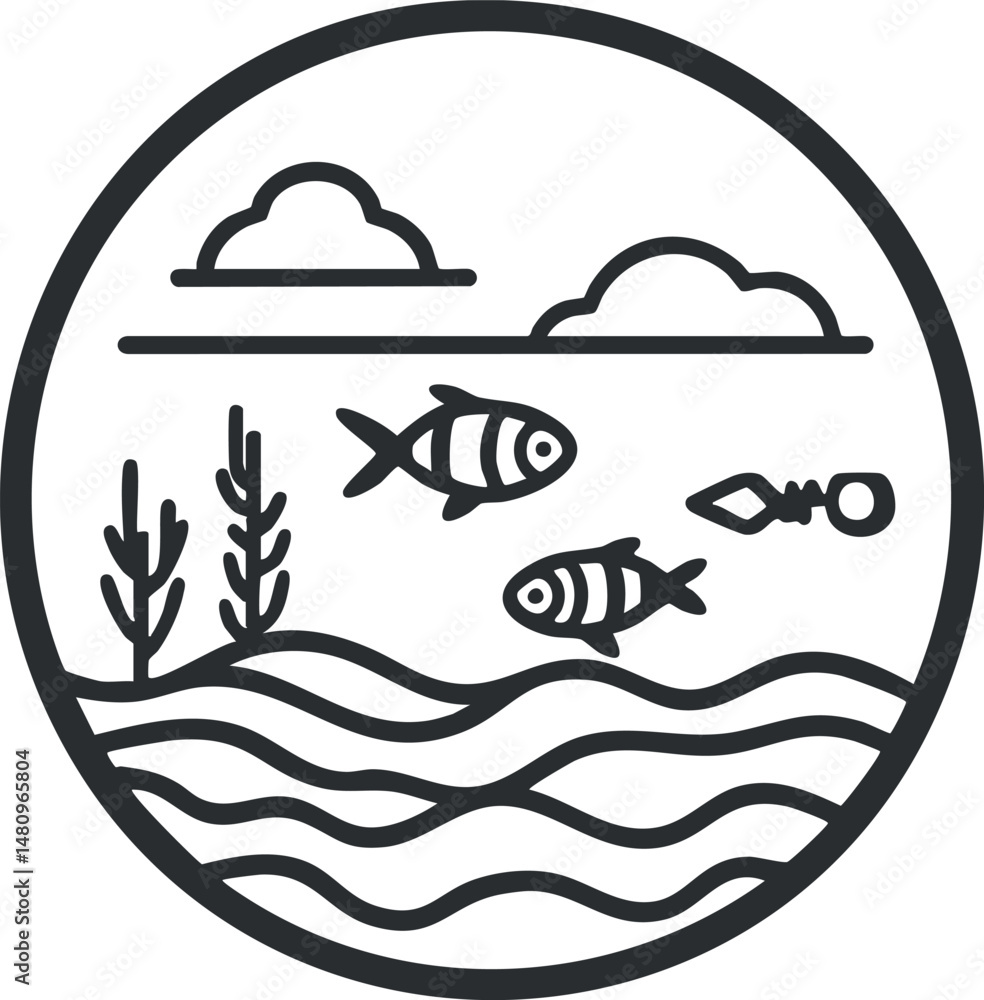 Black and white line art illustration of underwater scene with fish, seaweed, waves, clouds, and fishing bait in circle frame Black and white line art illustration of underwater scene with fish, seaweed, waves, clouds, and fishing bait in circle frame
