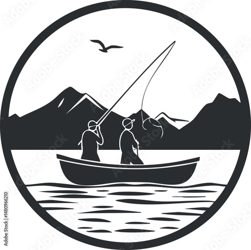 Two fishermen fishing from a boat on a lake with mountains and a bird in the background