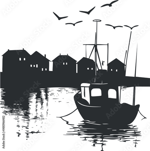 Silhouette of a fishing boat moored in a harbor with houses and seagulls flying above on calm water