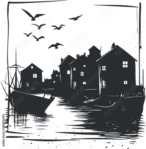 Black and white silhouette illustration of a fishing village harbor with boats and flying seagulls by the water