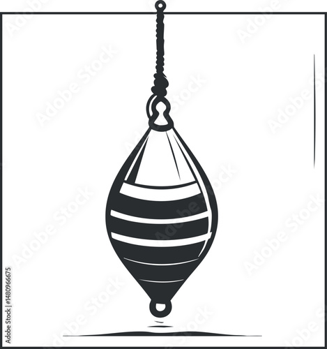 Black and white illustration of a fishing float hanging above water, used for angling and fishing activities.