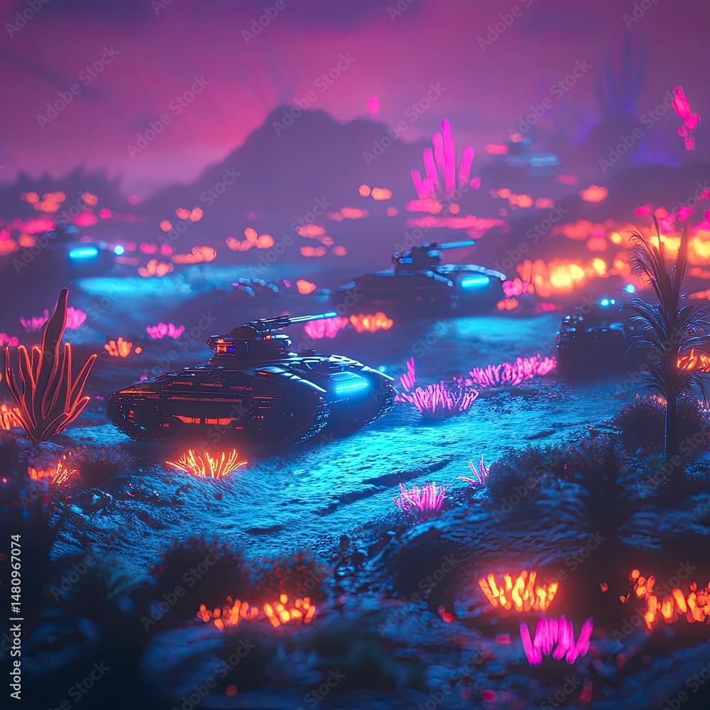 Obraz premium Neon landscape, armored vehicles, glowing flora.