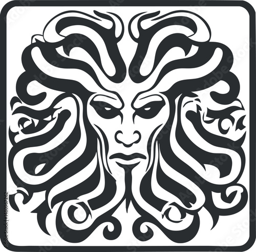 Black and white vector illustration of Medusa with snake hair from Greek mythology symbolizing danger and fear