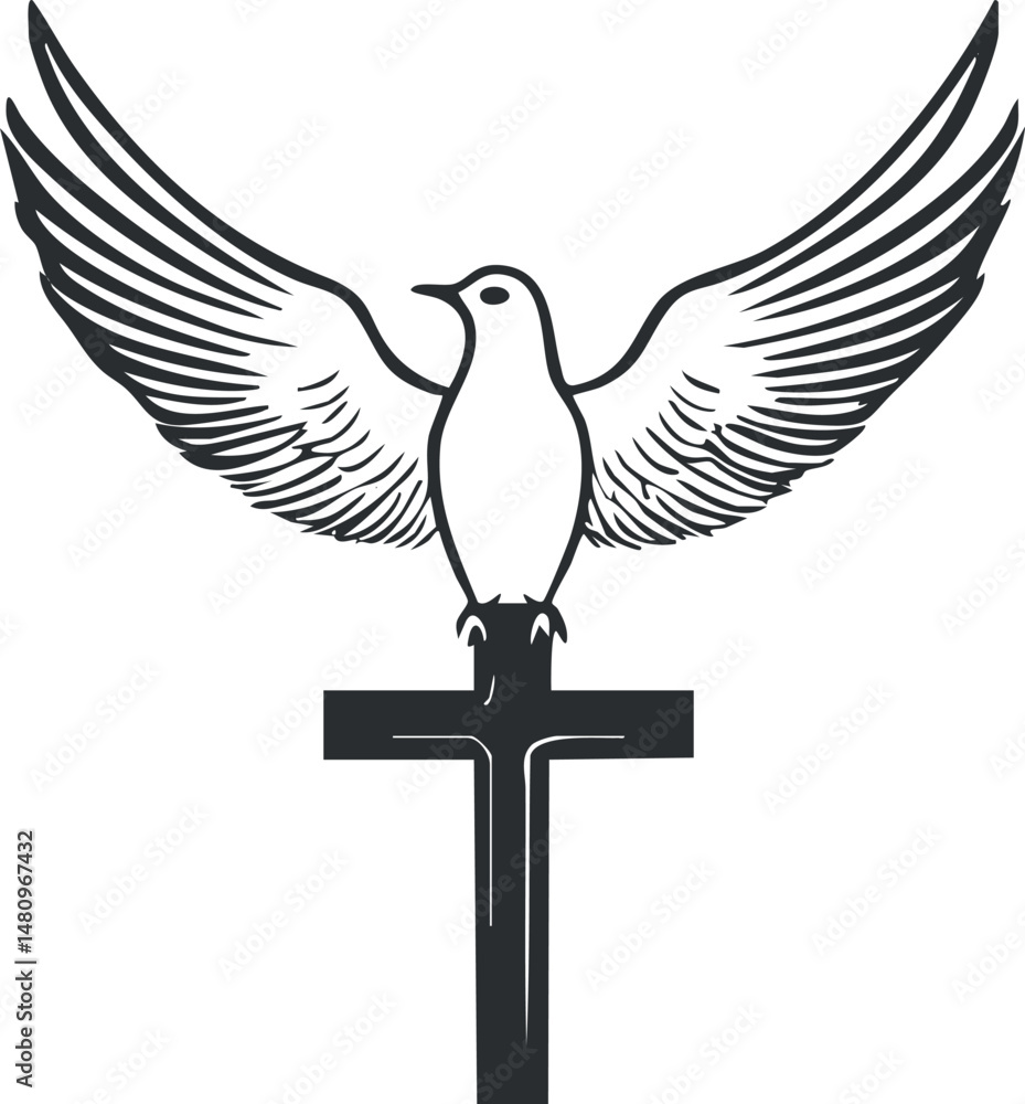 Fototapeta premium Vector illustration of a dove with spread wings perched on a Christian cross symbolizing peace and spirituality