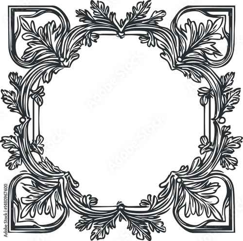 Decorative vintage ornamental square frame with leaf and floral elements in black and white design