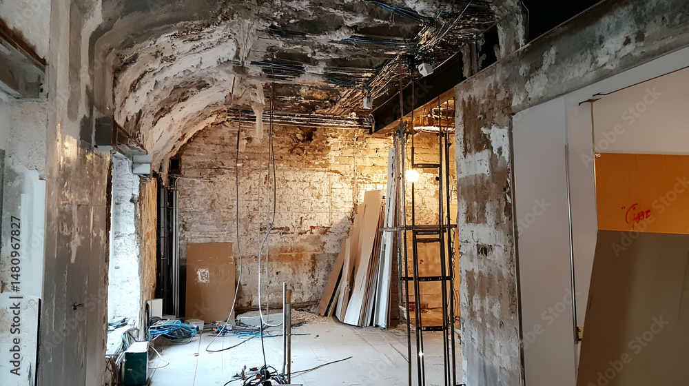Obraz premium Interior Renovation of an Old Building with Exposed Stone Walls