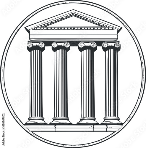 Black and white illustration of four classical stone columns with decorative capitals and a triangular pediment inside a circular frame