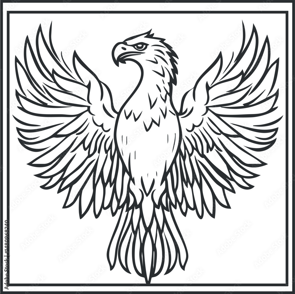 Obraz premium Black and white line art illustration of an eagle with spread wings inside a square frame