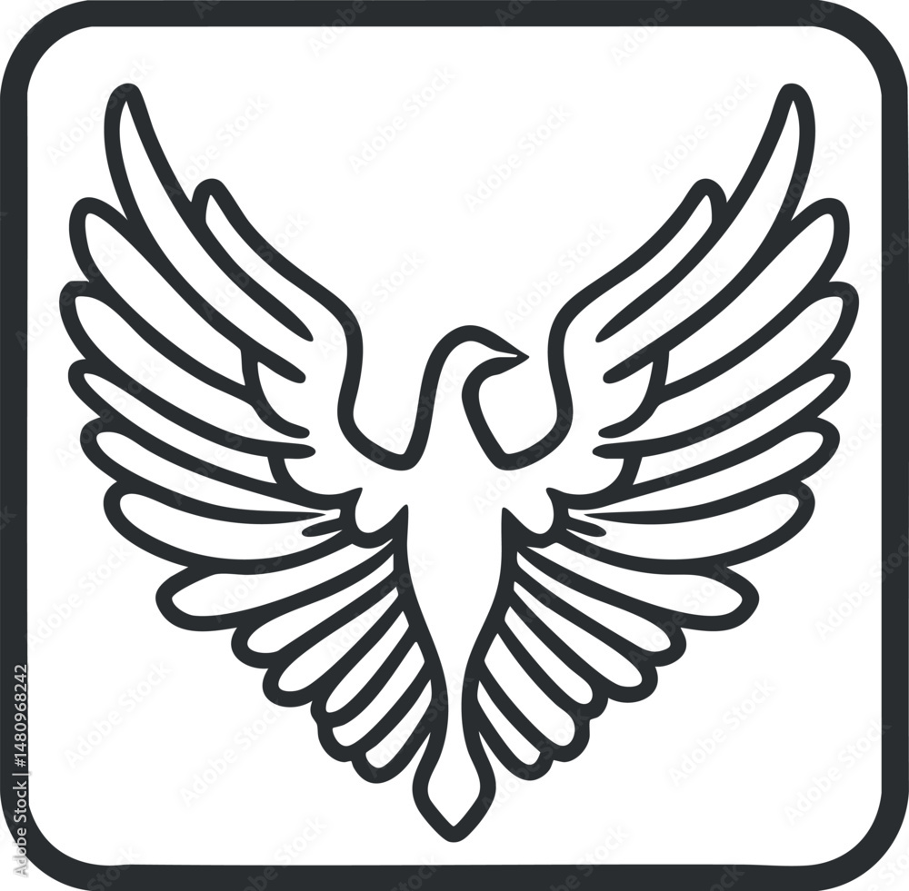Obraz premium Black and white outline illustration of an eagle with spread wings symbolizing freedom and strength