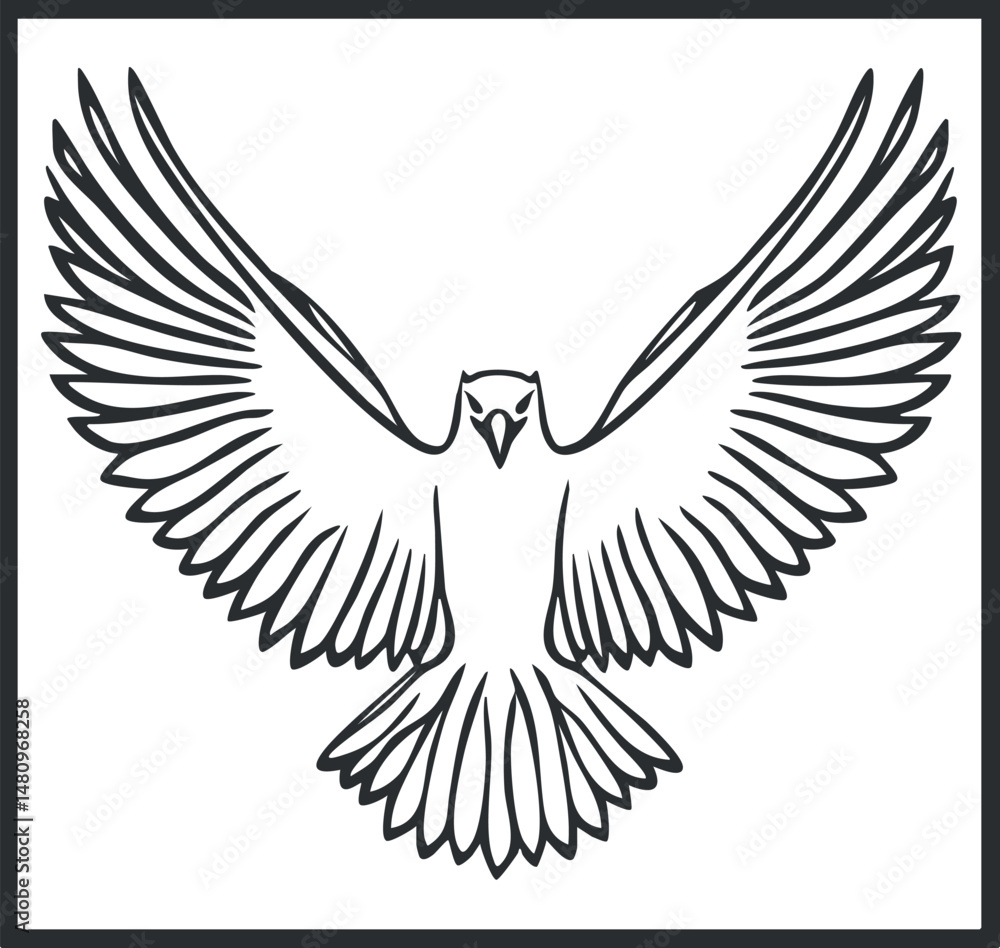 Obraz premium Black and white line art illustration of a bird with wings fully spread in flight