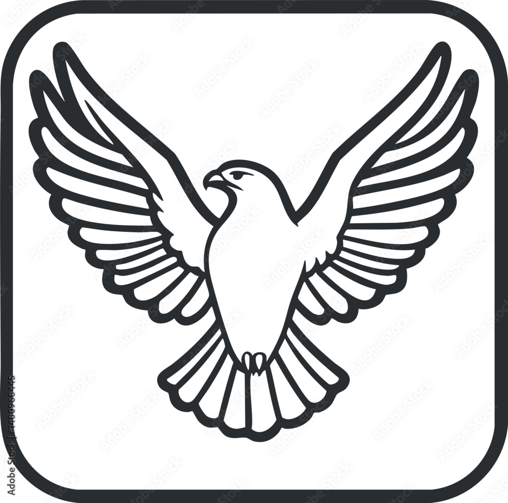 Obraz premium Black and white outline illustration of an eagle with spread wings inside a square frame