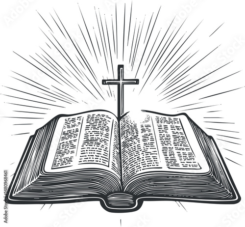 Black and white illustration of an open bible with a cross and radiant light beams symbolizing faith and spirituality