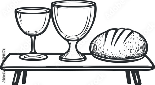 Black and white illustration of a communion set with two chalices and a loaf of bread on a wooden table for Christian religious ceremonies