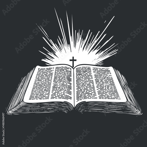 Illustration of an open holy Bible with a cross and radiant light symbolizing faith and spirituality