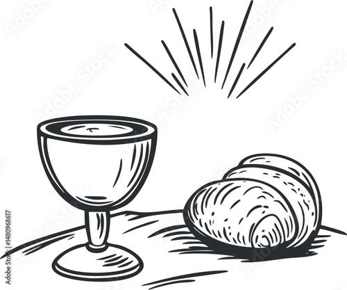 Black and white line drawing of a communion cup and bread loaf representing Christian religious sacrament
