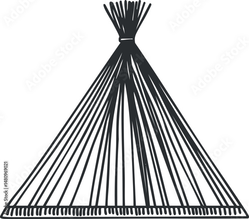 Black and white illustration of a traditional broom made of straw with a tied handle for cleaning