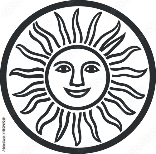 Black and white sun symbol with a smiling face inside a circular border representing warmth and daylight