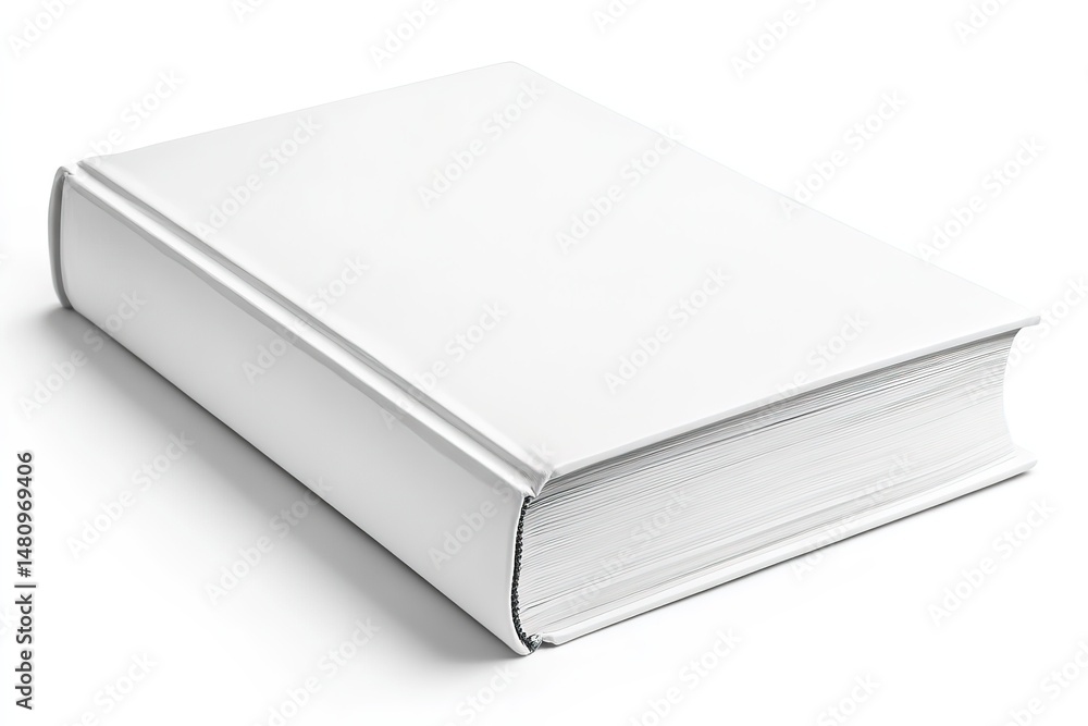 A closed white book with blank cover lies on a white surface in a studio shot A closed white book with blank cover lies on a white surface in a studio shot