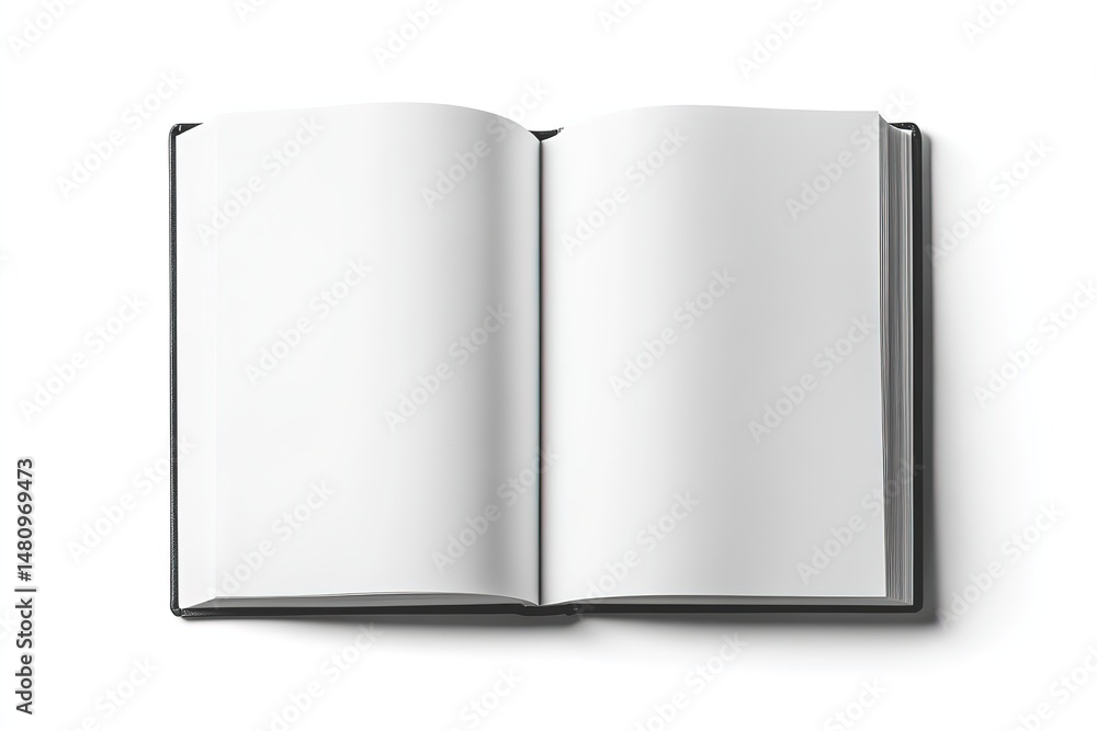 Open book with blank pages ready for writing or drawing on a white surface Open book with blank pages ready for writing or drawing on a white surface