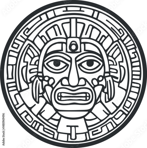 Black and white illustration of an ancient Aztec calendar stone featuring a stylized face and intricate geometric patterns.