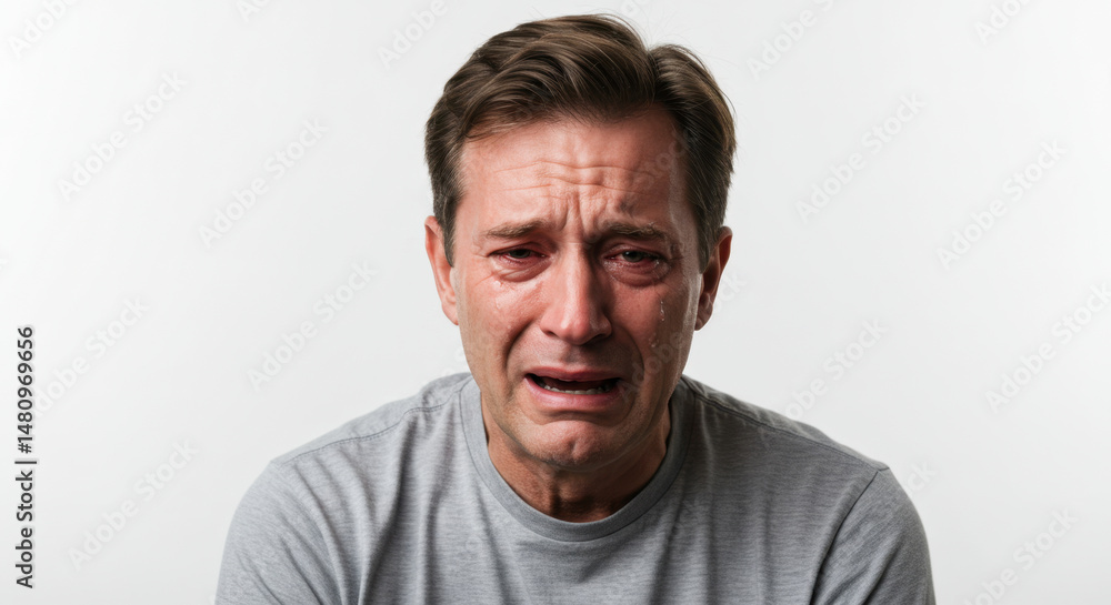Obraz premium Crying Middle-Aged Man with Tears Running Down Face in Grey T-Shirt on White Background