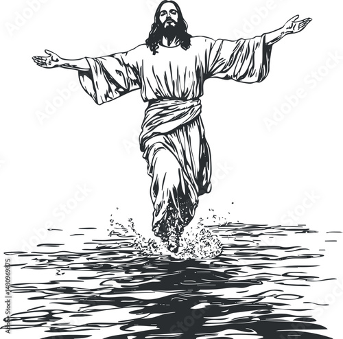 Illustration of Jesus Christ walking on water with arms outstretched symbolizing faith and miracle