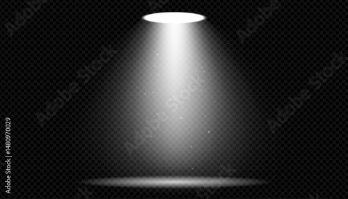 Glowing spotlight beam on dark stage. Vector light ray with transparent shine and bright projector glow. Perfect for concerts, clubs, theater shows or festive event designs.