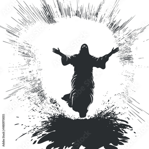 Silhouette of Jesus Christ with arms outstretched surrounded by radiant light symbolizing resurrection and divine glory