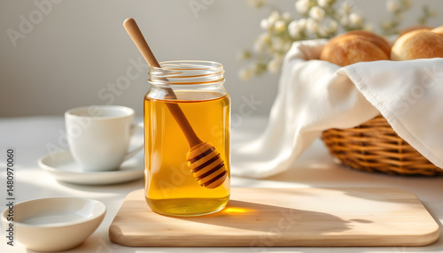 Golden Honey in a Jar with Wooden Honey Dipper,  Breakfast Table Setting, Rustic Kitchen,  Sweet Treat, Sunlight,  Healthy Food,  Natural Sweetness