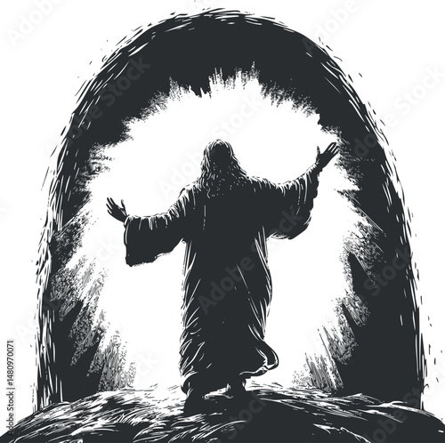 Silhouette of Jesus Christ rising from the tomb with arms raised in resurrection scene