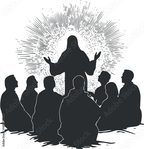 Silhouette of Jesus with radiant light surrounded by disciples sitting and listening in prayer