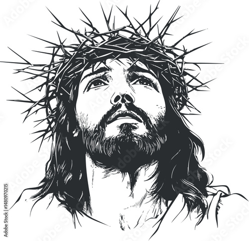 Black and white illustration of a man with a crown of thorns looking upward symbolizing faith and sacrifice in Christianity.