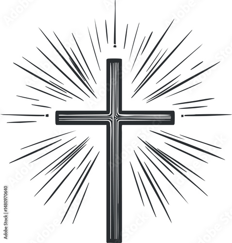 Black and white illustration of a Christian cross with radiant light rays shining outward symbolizing faith and spirituality
