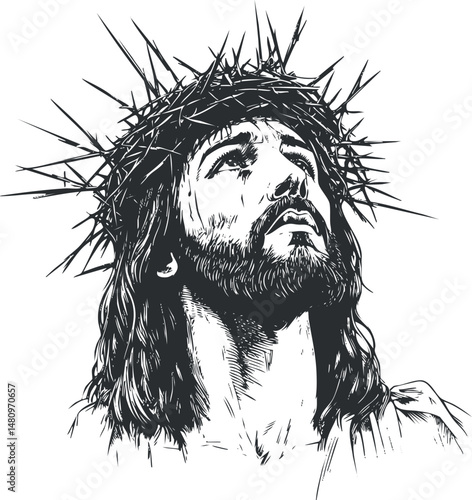 Black and white illustration of Jesus Christ with a crown of thorns looking upward in deep faith and devotion