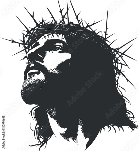Black and white silhouette of Jesus Christ wearing a crown of thorns looking upward in a religious context.