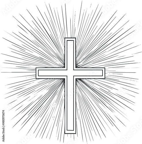 Black and white illustration of a Christian cross with radiant light rays symbolizing faith and spirituality