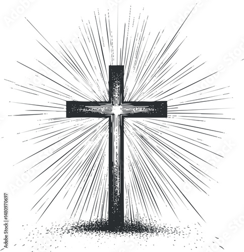 Black and white illustration of a Christian cross with radiant light rays symbolizing faith and spirituality
