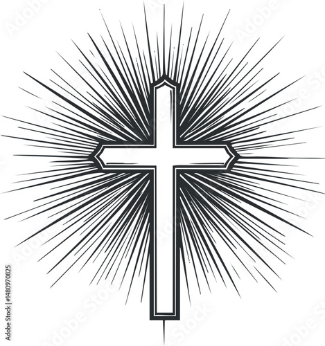 Black and white illustration of a Christian cross with radiant light beams symbolizing faith and spirituality.