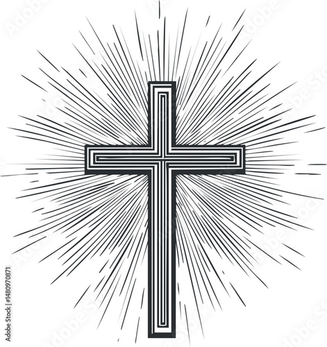 Black and white Christian cross with radiating light rays symbolizing faith and spirituality