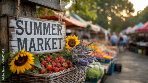 Rustic summer market sign with strawberries sunflowers and lavender